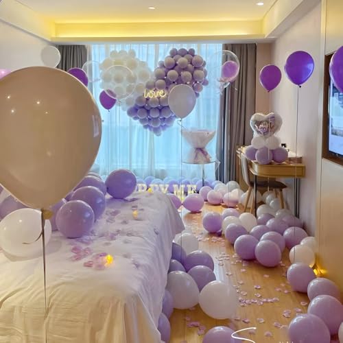 Image of 200 Pcs Purple and White Balloons 5 Inch Pastel Macaron Light Lavender Assorted Colors Latex Balloon for Girl Birthday Wedding Anniversary Baby Shower Princess Party Decoration