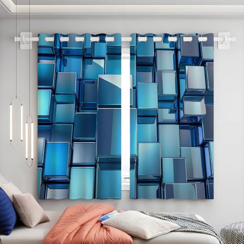 KETAFOUND Cortinas Salon Geometría - Cortina Opacas Estampado De Cubo con Ojales, Visillos para Dormitorio Cocina Ventanas Comedor Habitacion 117An X 137Al Cm (2 Paneles)