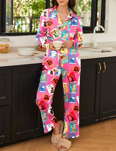 Image of Ekouaer Womens Satin Silky Pajama Set 2 Piece Print PJs Soft Loungewear Button Down Sleepwear with Elastic Waist Long Pants