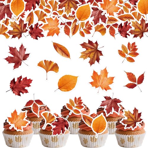 Fyeoxle 45PCS Edible Fall Leaves Cupcake Toppers Wafer Paper Autumn Maple Leaves Cake Decorations Edible Ginkgo Leaf Cupcake Picks for Autumn Thanksgiving Party Birthday Decor Supplies (Multi 1)