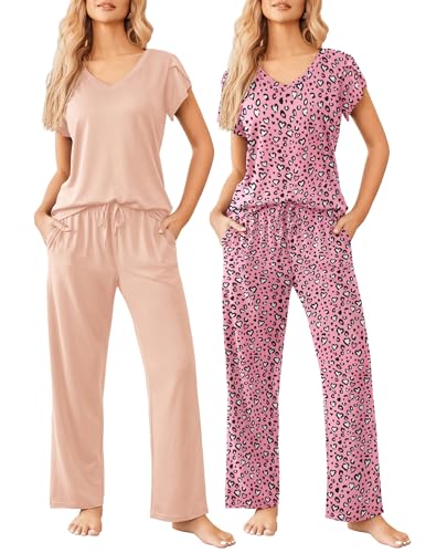 Image of Ekouaer 2 Pack Womens Pajamas Short Sleeve Sleepwear Top with Pants Super-Soft Printed Lounge Sets S-XXL