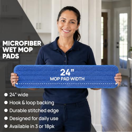 Image of Microfiber Wholesale 24 inch Microfiber Mop Pads - Machine Washable, Reusable, Refills & Replacement Wet Mop Heads Compatible with Any Microfiber Flat Mop System (3 Pack)