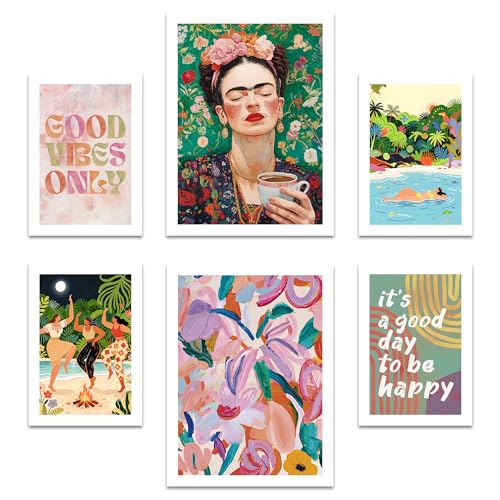 ARTFAVES Poster Set - Mixed Arts - Gallery Wall Bilderwand Wohnzimmer Schlafzimmer - 6 moderne Wandbilder Abstrakt Kunst Frida Kahlo bunt Illustration good vibes - ohne Bilderrahmen