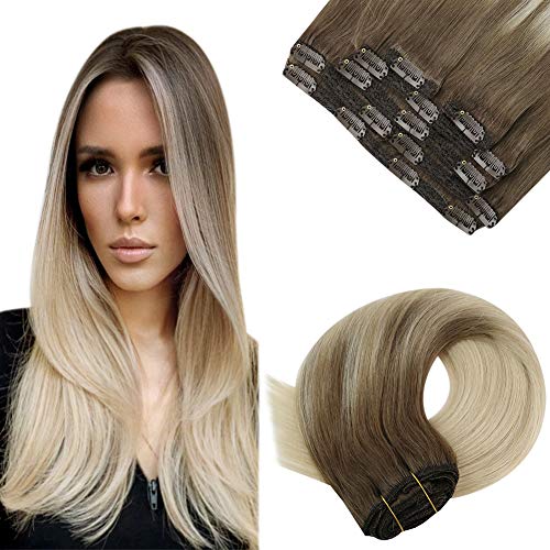 JoYoung Blonde Clip in Human Hair Extensions Light Brown Balayage to Platinum Blonde Human Hair Extensions Clip in Human Hair Straight Hair Brown with Blonde Clip Extensions 16in 7pcs 120g