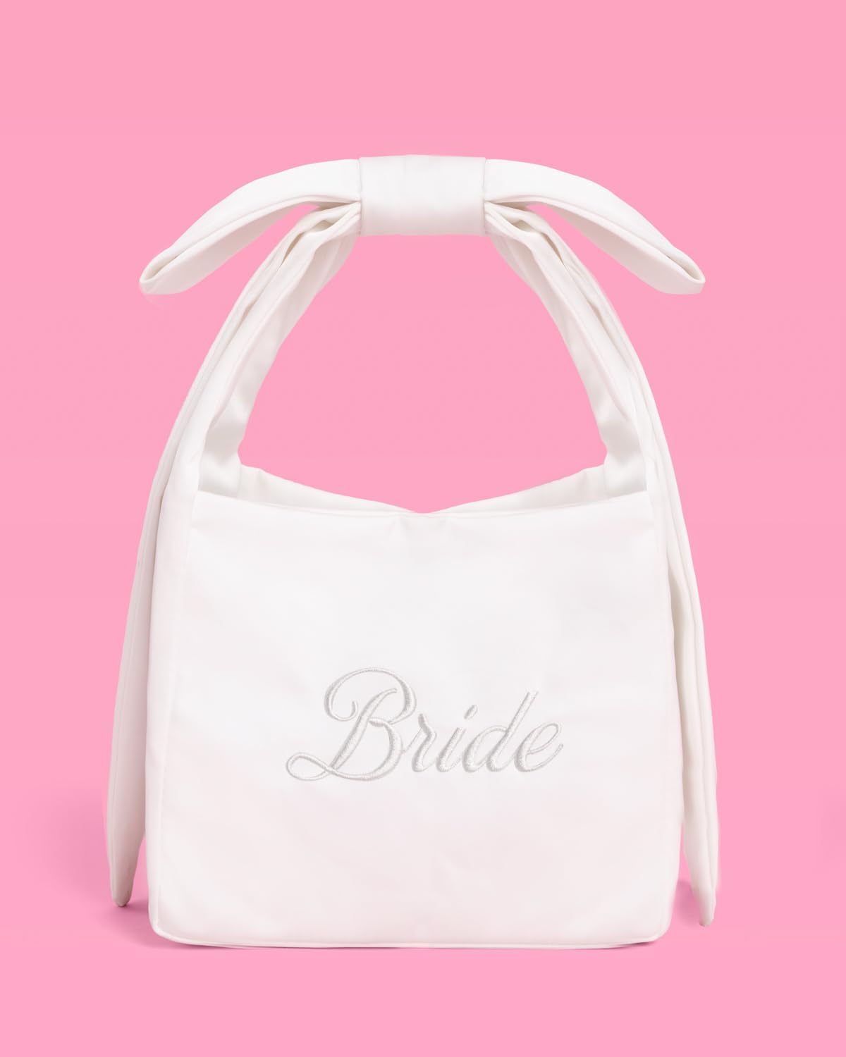 xo, Fetti White Satin Bride Bow Bag | Bachelorette Party Decorations, Bride To Be Purse, Bridal Shower Accessory, Engagement Party Outfit - Image 4