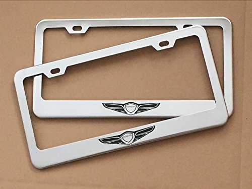 Deselen Stainless Steel License Plate Frame for Genesis with Screw Caps Cover Set, Genesis Logo,Silvery White/Chrome (2 Pieces Front/Back) LP-GE01WP