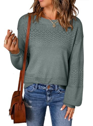 Image of SHEWIN Women's Sweaters Casual Long Sleeve V Neck Crewneck Lightweight Crochet Pullover Sweater Tops