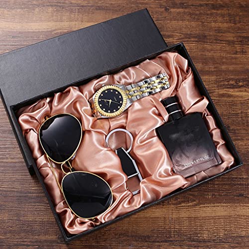 HMTE Conjunto de presente de tendência moderna que combina com tudo, óculos + relógio de quartzo com banda de aço, garrafa de perfume + porta-chaves (4 unidades/conjunto)