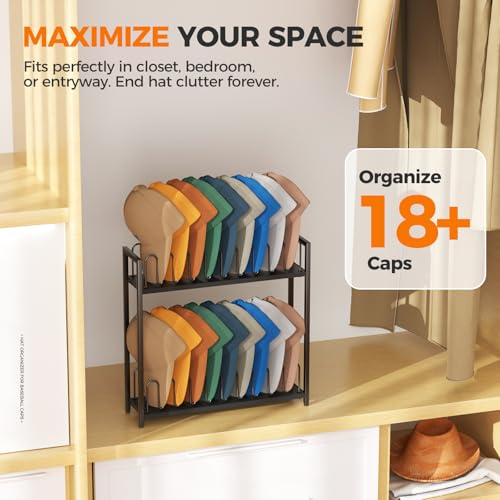 Cinati 2-Tier Hat Organizer for Baseball Caps, 2 Pack 18 Capacity Freestanding Baseball Cap Rack, Metal & Wood Hat Storage for Closet Entryway Bedroom, Black Cap Holder Stand, Gifts for Men Dad - image 4