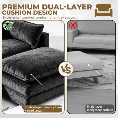 Image of 146 inch U-Shape Modular Sofa with 2 Ottomans, Deep Seat Cloud Convertible Sleeper, 2 Arm Pillows, Comfortable Large Upholstered Furniture for Living Room Apartment, Black