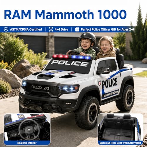 Image of 24V Licensed Dodge RAM Police Ride On Truck, 4WD Motor Kids Electric Car with Remote Control, 2-Seater Safe Ride On Vehicle, Bluetooth Music Emergency Light, Birthday Gift for 3-8 Years Boys Girls
