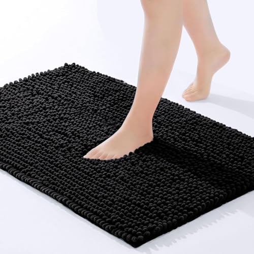 Hafaa Bath Mat Non Slip Anti Mould Black Chenille Bathroom Mat 40 x 60 cm Machine Washable Bath mats Super Absorbent Extra Soft Fluffy Shower mat