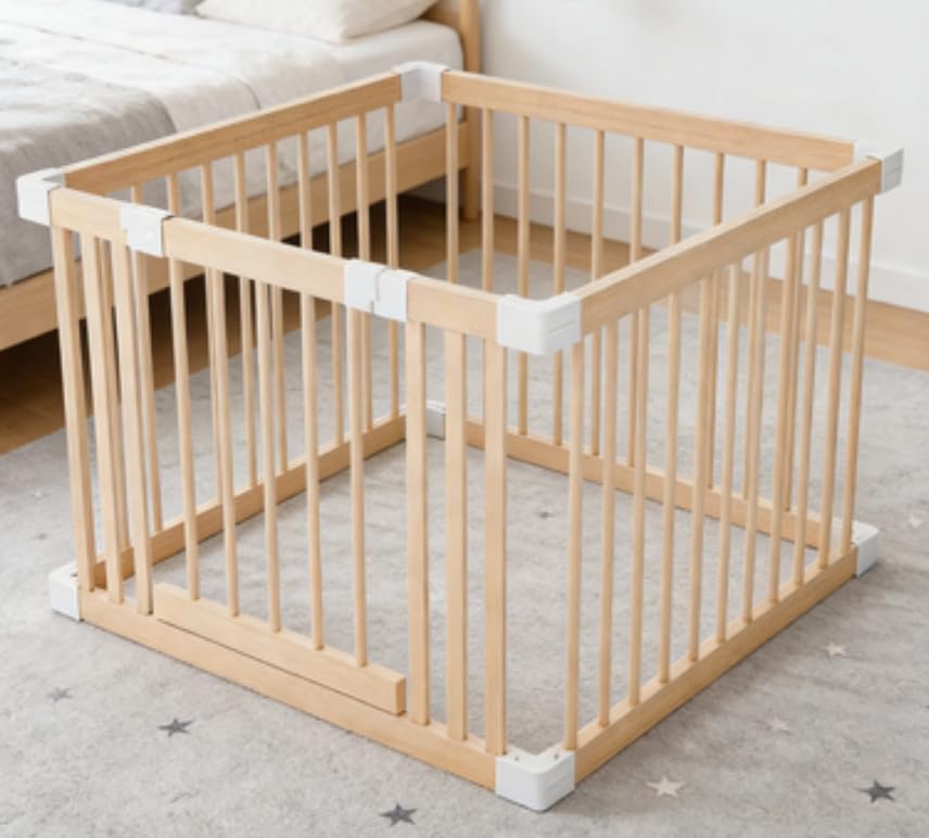 Baby Playpen, Wooden Playpen for Babies and Toddlers,Large Adjustable Wooden Baby Playard with Locking Gate, Easy to Assemble, Portable Play Pen (31.08x26.02Inch)