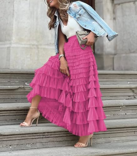Women's Long Maxi Ruffled Tiered Tulle Skirts Elastic Waist A-Line Layered Mesh Tutu Cake Skirt Petticoat3