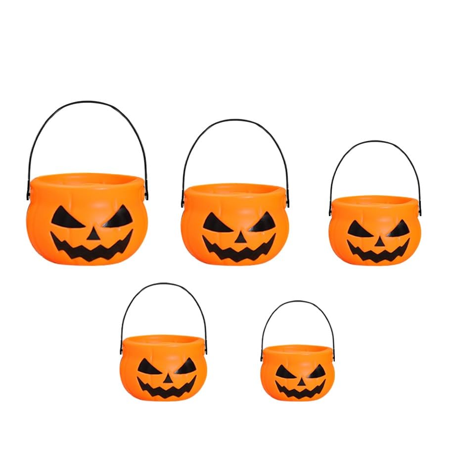 Plastic Pumpkin Bucket, 5 Pieces Firm Reusable Wide Opening Halloween Theme Candy Jars with Handle,Multiple Purposes Lightweight Large Caliber Pumpkin Bucket for Party Desktop Decoration Storage - image 1