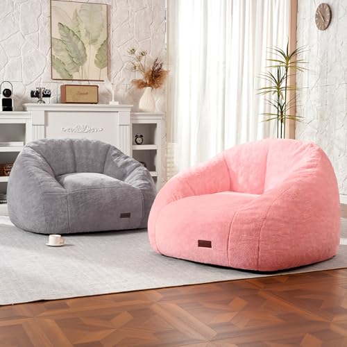 Image of HABUTWAY Bean Bag Chair, Giant Bean Bag Chairs for Adults with Ottoman, Comfy Faux Fur Shell-Shaped Bean Bag Couch, Sofa Chair for Living Room, Bedroom, Grey