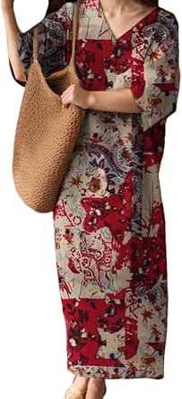 Women's Ethnic Style Floral Printed Maxi Tshirt Dress Plus Size Casual