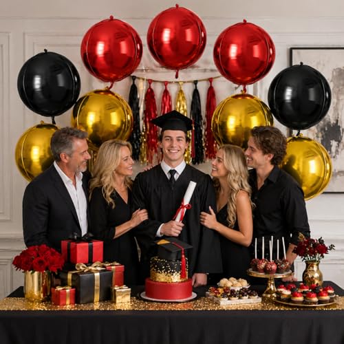 Image of 9 Pcs Red Black Gold Round Foil Balloons,22 Inch Round Balloons