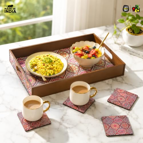 Image of GKD Wooden Serving Tray with Free 4 Coasters - 11x15 Inch Large Tea & Coffee Tray, Snack Tray Decorative MDF Trays for Home & Kitchen - Food Trays with Handles for Dining & Bar (Elegant Mandala)
