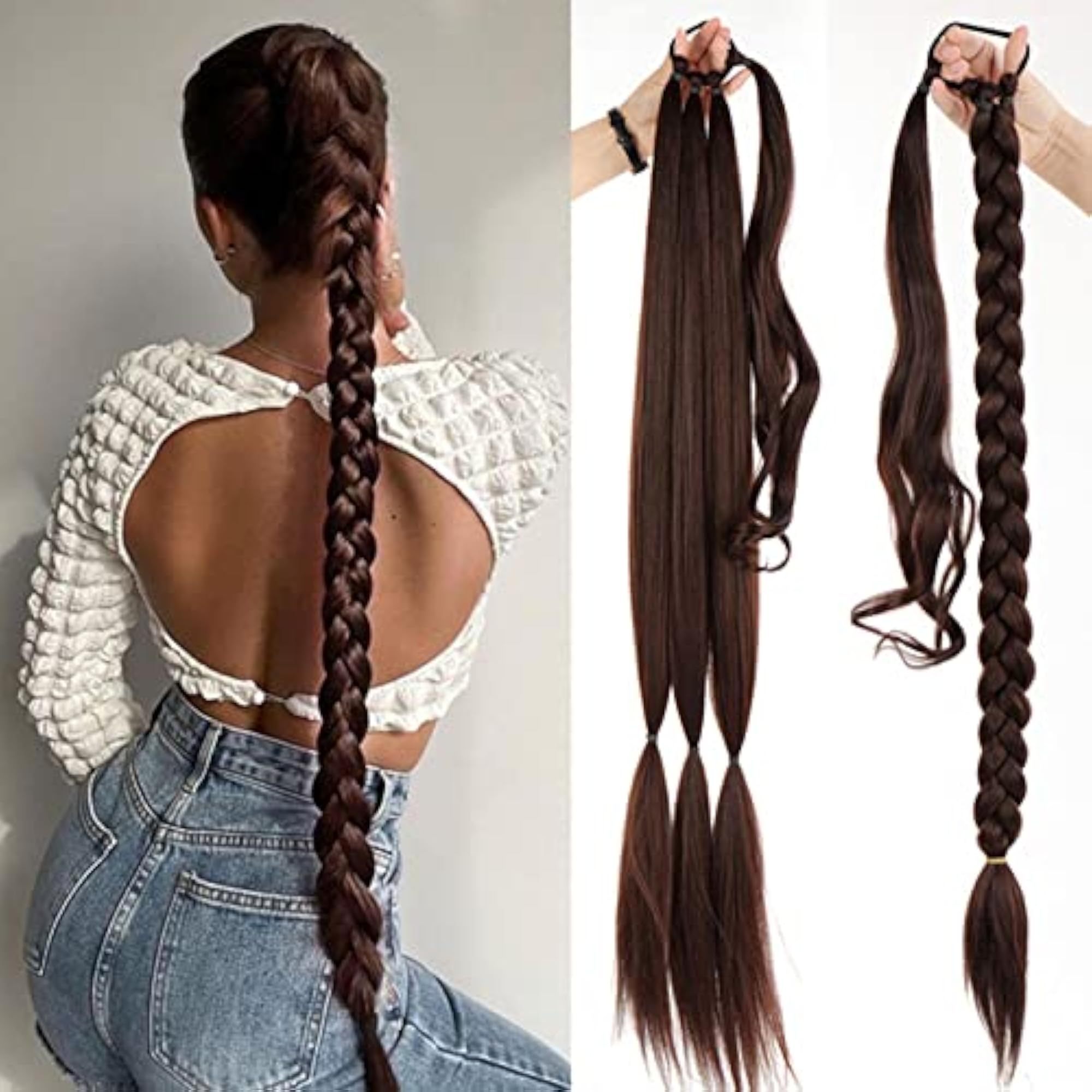 Long Braided Ponytail Extension for Women, Dark Brown