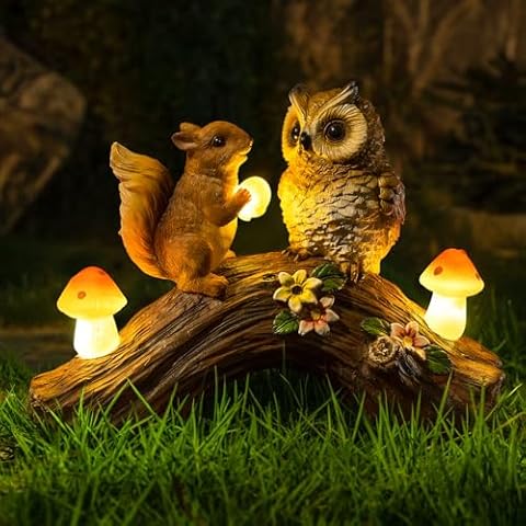 WONDHOME Solar Owl Garden Statues Outdoor Decor Resin Owl Squirrel Figurine with Mushroom Lights for Patio Lawn Yard Decorations Christmas Housewarming Gardening Gifts for Women Mom Cover