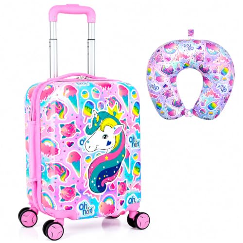 Magical Pink Unicorn Girls Suitcase 2PC Set: Airline-Approved Kids Carry on Luggage with 360 Spinner Rolling Wheels Includes Neck Pillow