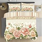 Kntnshac Vintage Elegant Blumenmuster Bettwäsche 135x200 Pastoralen Stil Rosen Microfaser Wendebettwäsche Bettwäsche-Set Teenager mit Reißverschluss，Enthält 1 Bettbezug und 2 Kissenbezug 80x80 cm