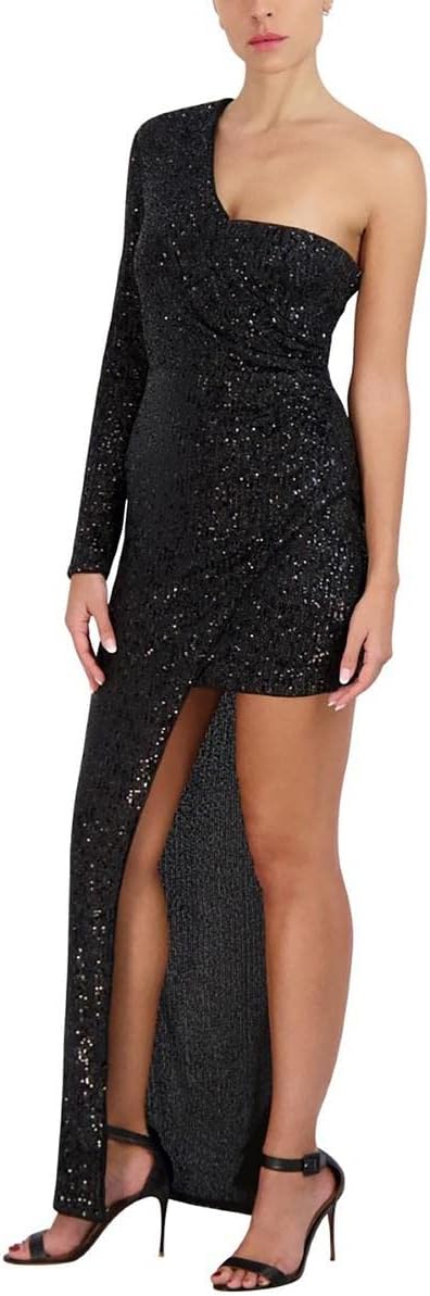 BCBGMAXAZRIA Women's Fitted Floor Length Evening Gown One Long Sleeve Asymmetrical Neck High Low Hem Dress - Image 3