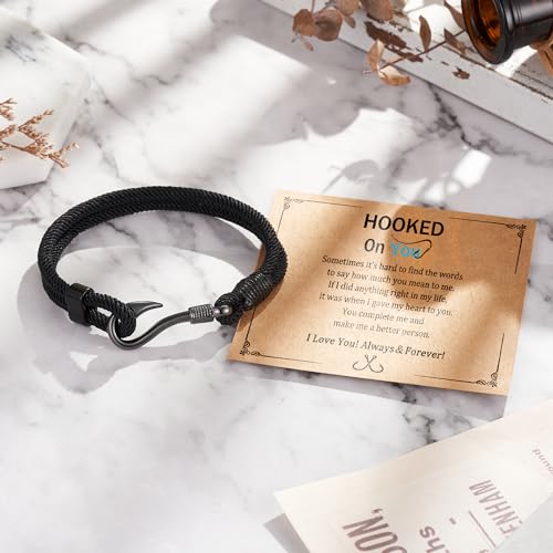 Fish Hook Bracelet Gifts for Men, Hooked on You Jewelry Gifts for Husband, Christmas Anniversary Valentines Birthday Gifts for Him3