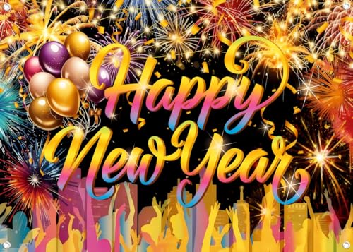 LYWYGG 82.6x59inch Fabric Happy New Year Backdrop Colorful Firework New Year Eve Photography Background cp-723