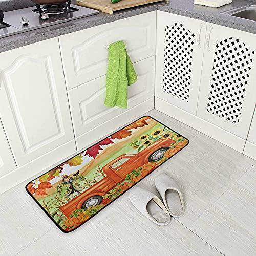 Autumn Truck Pumpkin Kitchen Rugs Thanksgiving Sunflower Maples Floor Comfort Mats Bath Rugs Entryway Welcome Non Slip Area Rug For Bedroom Living Room Doormats Home Decor 39" X 20" #TOP1