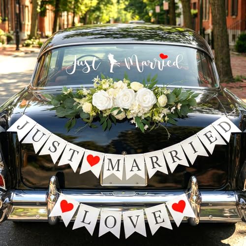 Image of Just Married Car Wedding Decorations Kit with Artificial Flower Floral Swag / Just Married Love Sign Banner and Car Bouquet & Window Decals, Wedding Car Accessories for Bridal Shower Honeymoon Decor