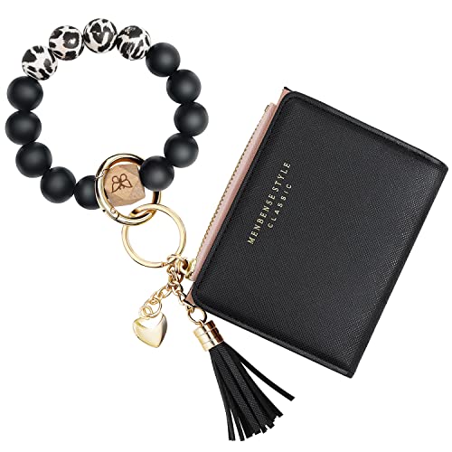 Keychain Bracelet Wristlet With Wallet Card Holder Pocket,Tassel Keychain Bangle Key Ring For Women #TOP21
