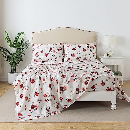 Image of FADFAY Rose Sheets Set Queen Vintage White Rose Floral Bedding Chic Red Rose Bed Sheets Shabby Farmhouse Bedding 100% Percale Egyptian Cotton 800 Thread Count Deep Pocket Fitted Sheet 4Pcs,Queen Size