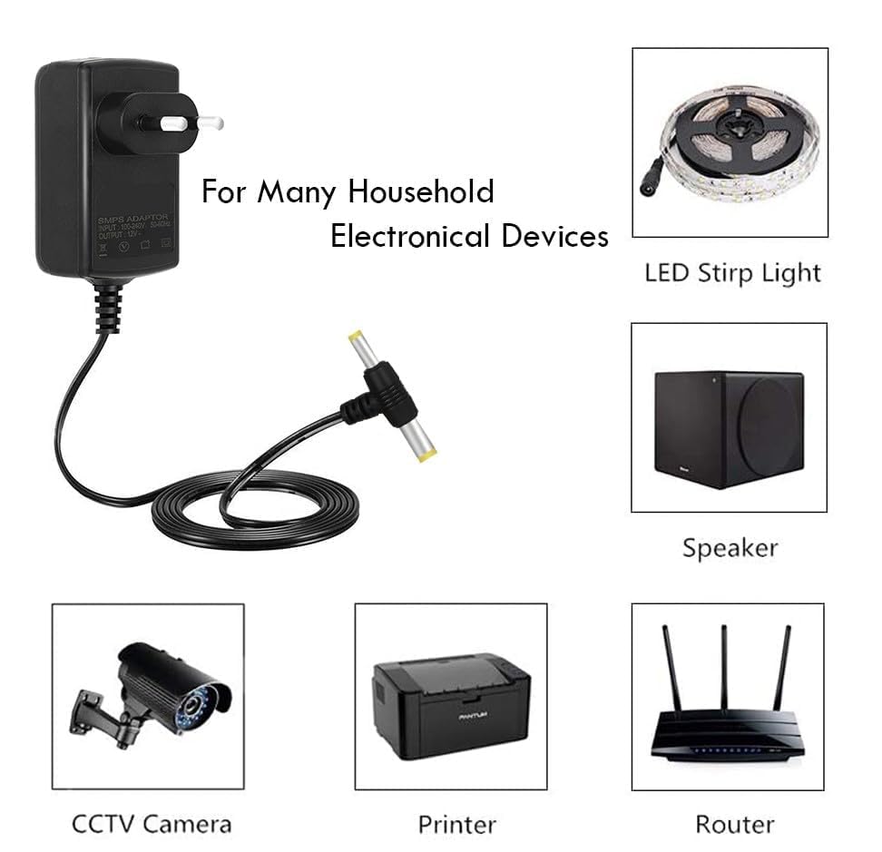 Image of RASHRI 12V 2AMP DC Power Adapter, Powers Supply, SMPS for LCD Monitor, TV, LED Strip, CCTV, 12 Volt Power Adapter,AC Input 100-240V Dc Output 12 Volt - 2.5mm x 5.5mm Jack.