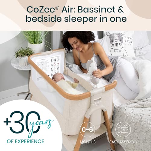 Image of Tutti Bambini CoZee Air Baby Bassinet & Bedside Sleeper - Rocking Bassinet for Baby, Fast-Folding with Travel Bag, Deluxe Airflow Mattress & 6 Mattress Heights, 0-6 Months (Walnut & Ecru)