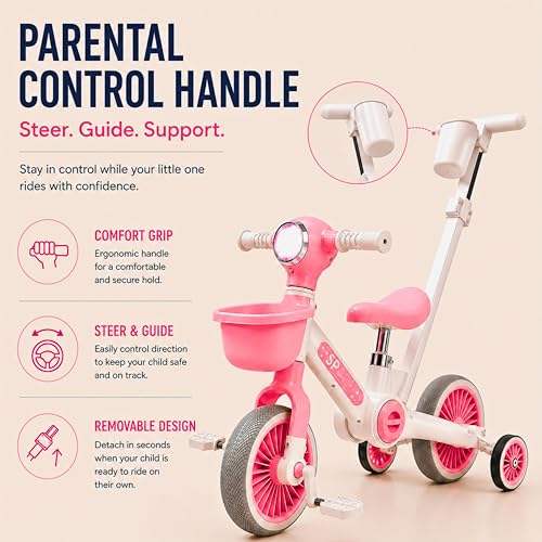 Image of TinyDazzle Kids 3 in 1 Convertible Tricycle, Balance Bike, Trikes with Parental Control for 2-6 Years Toddlers | Foldable | Music & Light | Front Basket Cycle for Boys & Girls. (Bright Pink)