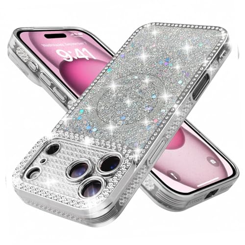 per iPhone 17 Pro Max Cover [Protezione Militare], Lusso Glitter Bling Custodia Magnetica Compatibile con MagSafe, con Protezione Obiettivo Fotocamera, per Donna (Argento, per iPhone 17 Pro Max)