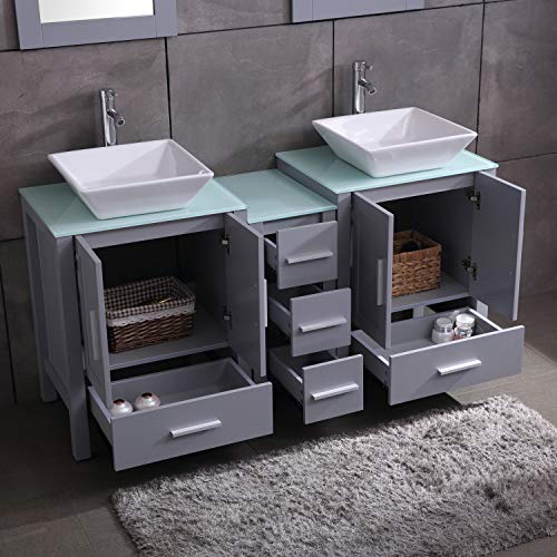 60\" Double Sink Gray Bathroom Vanity Paint MDF Wood Cabinet Glass Top w/Mirror, Faucet&Drain Set
