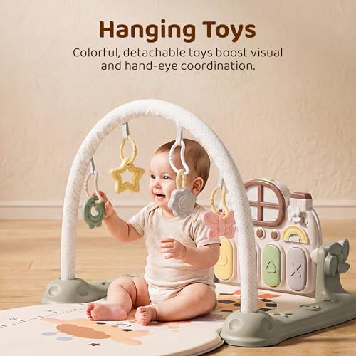 Image of Baybee 2 IN 1 Premium Play Gym for Babies I Baby Playing mat for Kids with Lights, Music & Hanging Toys I Portable Play Mat for New Born Baby with Growth Scale I Learning Baby Toys for 0 to 3 Year (Green)