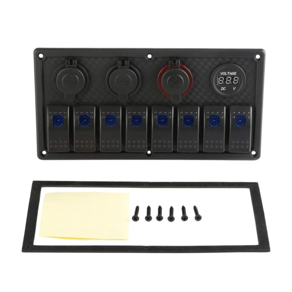 Pannello interruttori a bilanciere per marina/barca, 8 interruttori a levetta impermeabili con Voltmetro digitale e adattatore di alimentazione 3,1A Dual USB e presa accendisigari da 12V
