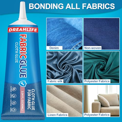 2 Pack 90 ML Fabric Glue for Clothing Permanent Washable, Glue Permanent for All Fabric, Cotton, Flannel, Linen, Denim, Leather, Polyester, Doll Repair, Patches