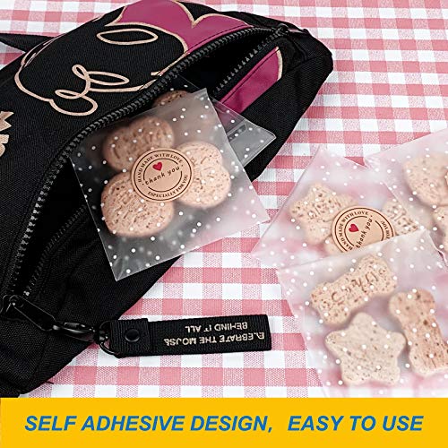120PCS Self Adhesive Cookie Bags, Treat Bags, Searik White Polka Dot Plastic Pastry Bags with Thank You Labels for Party Gift Giving Bakery - Thumbnail 2