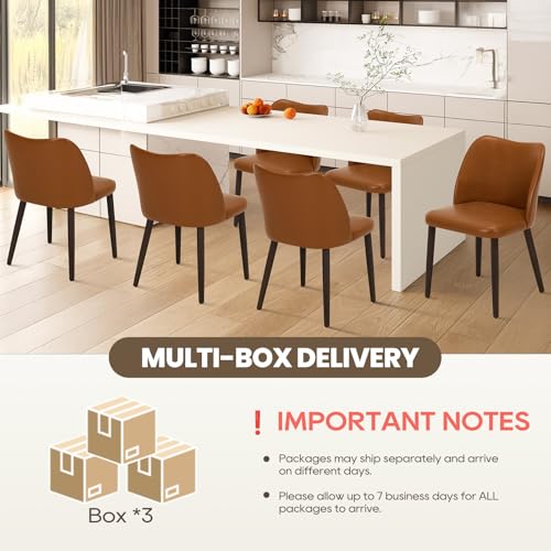 Image of Wooden Dining Chairs Set of 6, Upholstered Kitchen Dining Room Chair, Modern Faux Leather Farmhouse Dinner Chair for Restaurant & Cafe, Light Brown