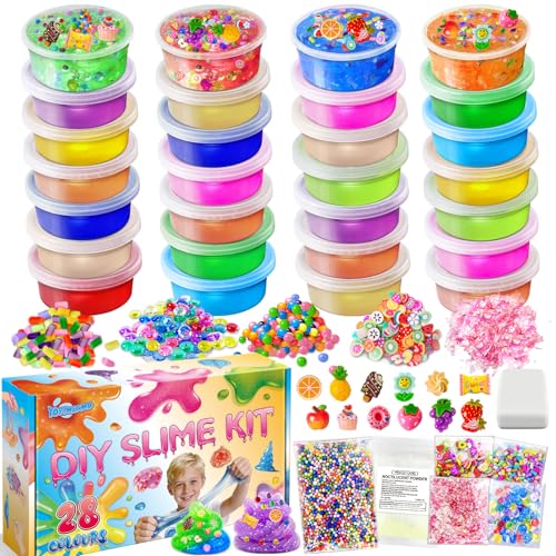 YOPINSAND 28 Colores DIY Slime Kit, Slime Making Kit para Niñas, Crystal Clear, Glow in The Dark Slime con Complementos Bolas de Espuma, Amuletos, Purpurina, Juguetes de Regalo para Niños