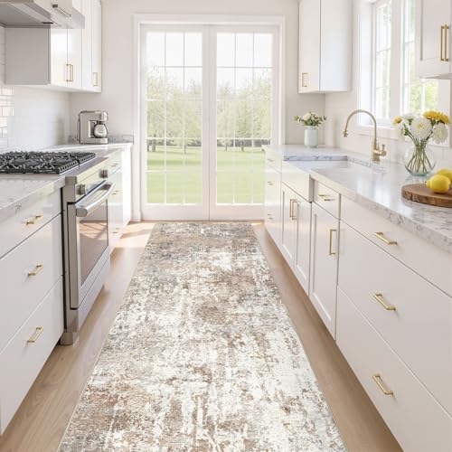 Runner Rug Kitchen Washable Rugs: 3x10 Non-Slip Abstract Soft Modern Stain Resistant Indoor Floor Neutral Accent Throw Carpet for Hallway Bathroom Laundry Room Entryway Bedroom- Brown