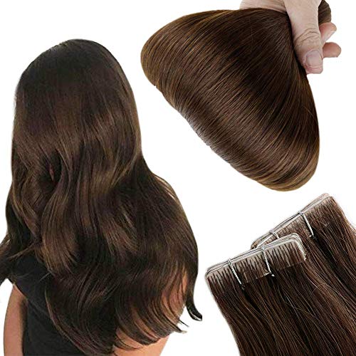Full Shine Tape in Hair Extensions 20 Inch Inject Tape in Human Hair Extensions Color 4 Medium Brown 2.5 Gram Per Pcs 12.5 Gram Per Pack Invisible Skin Weft PU Remy Hair Extensions
