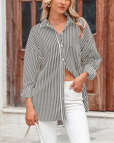 BTFBM Womens Button Down Shirts Striped Shirt Long Sleeve Casual Collared Office Work Loose Fit Blouses Tops Pocket2