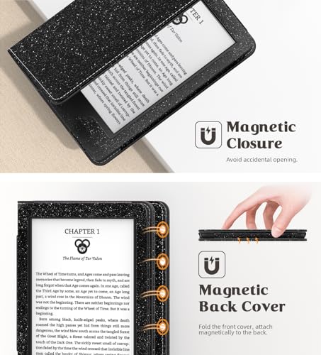 Image of MoKo Case for 6 inch All-New Kindle(11th Generation 2024 /2022 Release), Lightweight PU Leather Cover Stand Shell with Hand Strap Auto Wake /Sleep for Kindle 2024 11th Gen e-Reader, Glitter Black