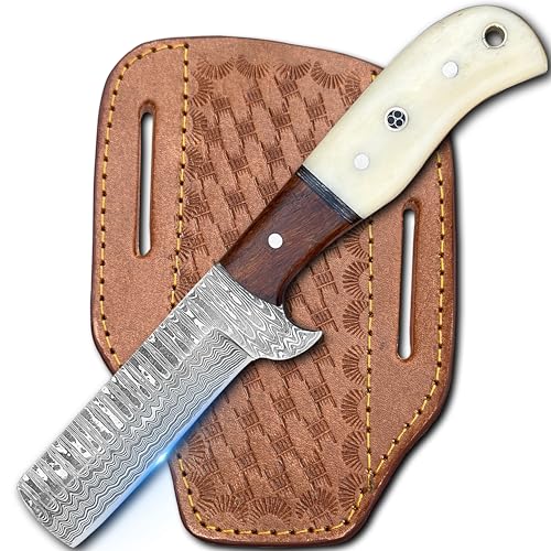 Anar Enterprise Cowboy Knives with Leather Sheath - 8” Sharp Handmade Damascus Bull Cutter Knife - EDC Fixed Blade Hunting Knife for Skinning, Camping, Bushcrafting and Outdoor Activities